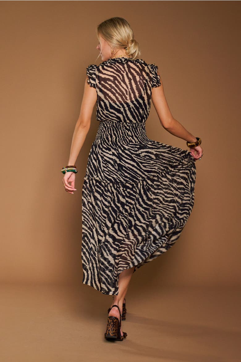 Printed Silk Georgette Dress With Palm Embroidery, Alternate, color, Black / Sand