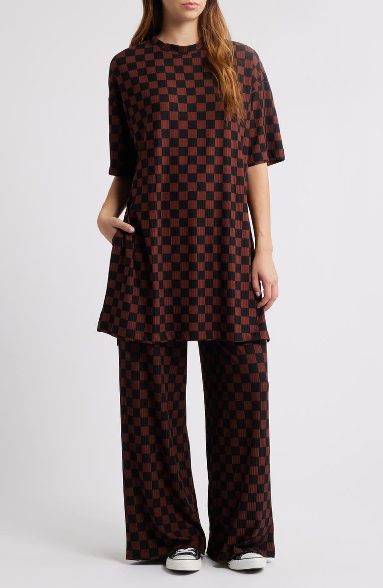 Dressed in Lala Leveled Up Ribbed Oversize T-Shirt & High Waist Pants Set, Main, color, Brown/ Black