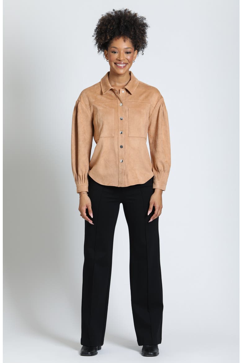 Pleated Sleeve Faux Suede Shirt Jacket, Alternate, color, CARAMEL