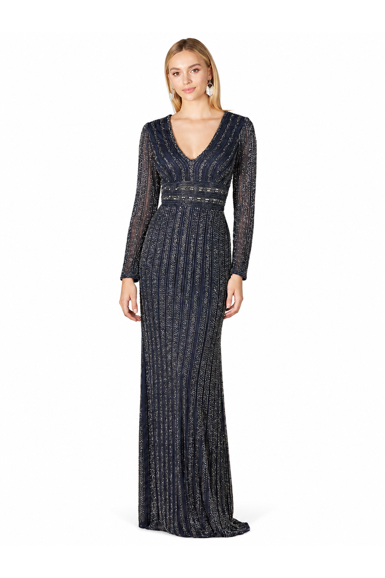 Long Sleeve Belted Beaded Gown, Main, color, Navy