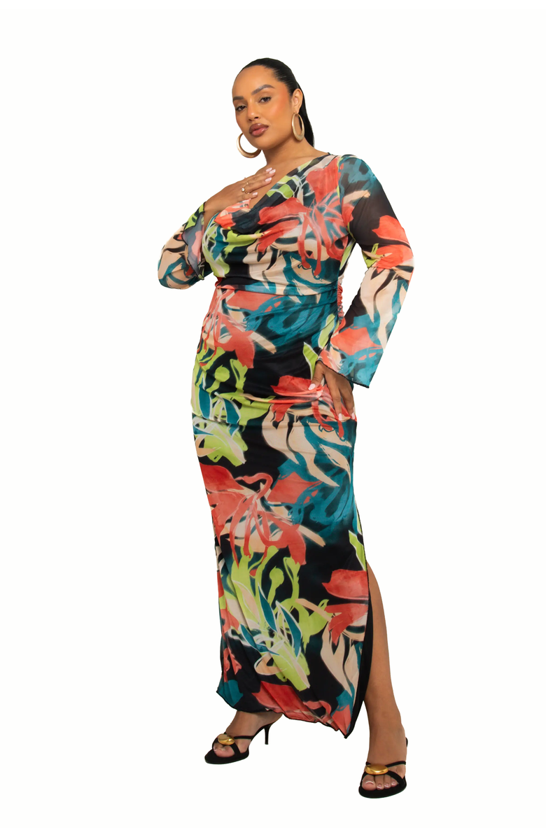 FASHION-SZN CURVE Curve Abstract Cowl Neck Maxi Dress, Main, color, Orange