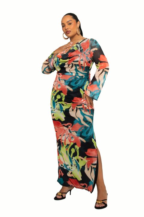 Curve Abstract Cowl Neck Maxi Dress