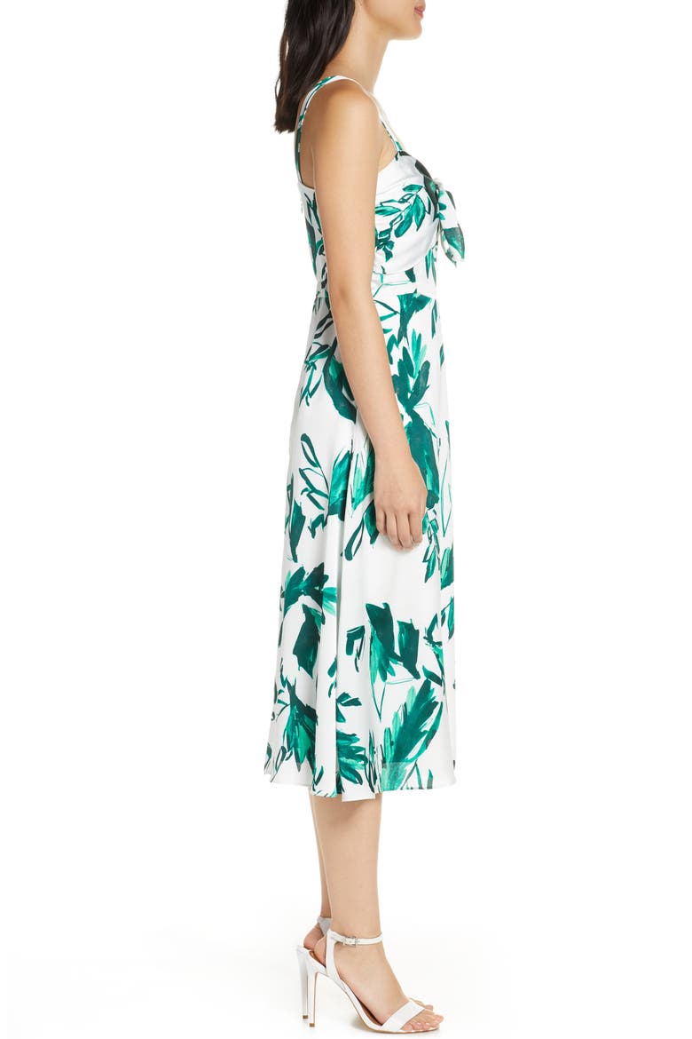Print Bow Front Hammered Satin Midi Dress, Alternate, color, IVORY/ GREEN