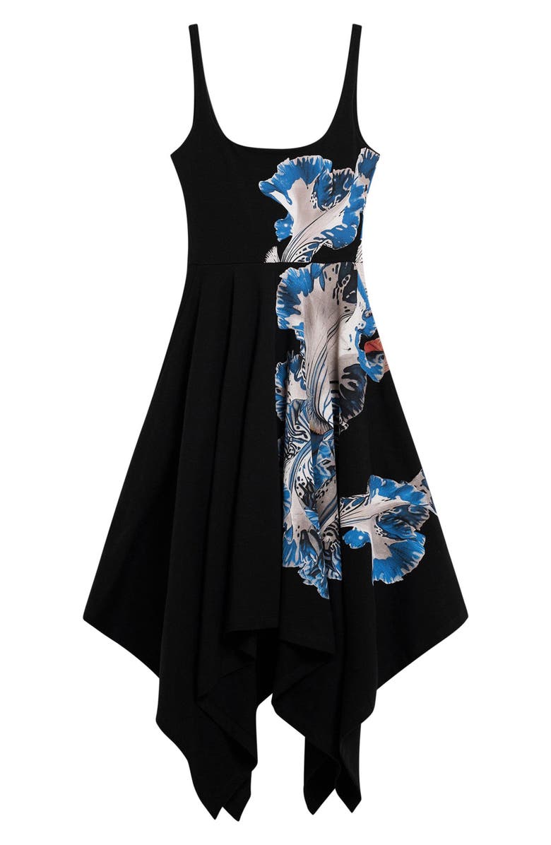 Desigual Placement Print Handkerchief Hem Stretch Cotton Dress, Alternate, color, Black