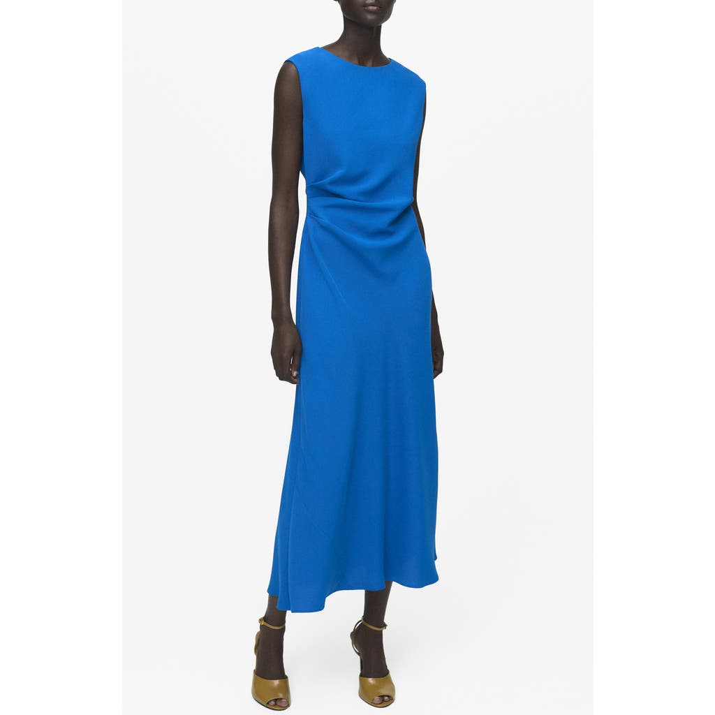 Mango Ruched Sleeveless Midi Dress In Blue