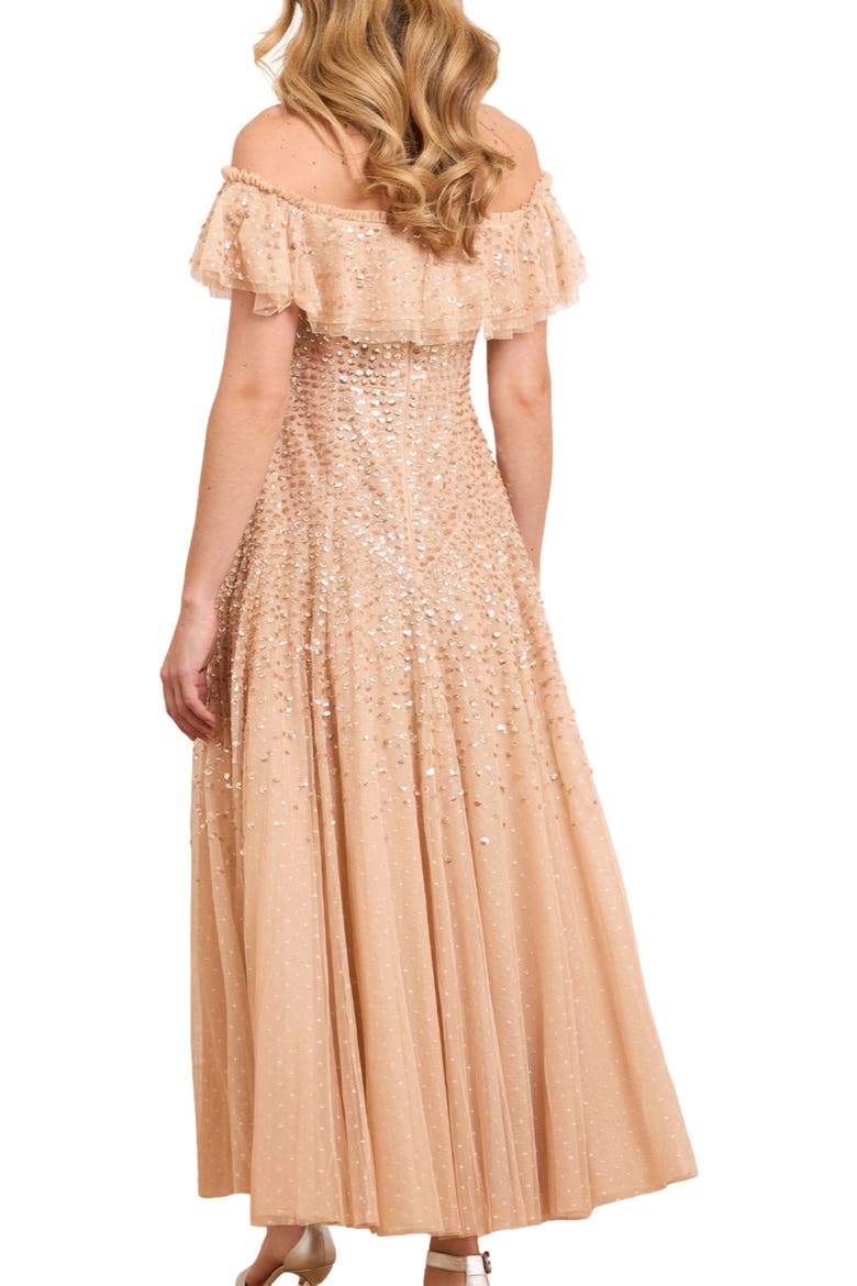 Dappled Sequin Off-Shoulder Ankle Gown, Alternate, color, Butterscotch