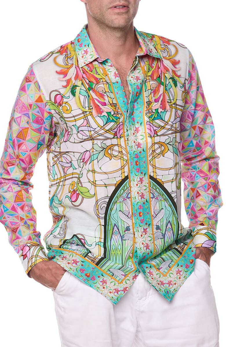 RANEES Stained Glass Print Linen & Cotton Blend Button-Up Shirt, Main, color,