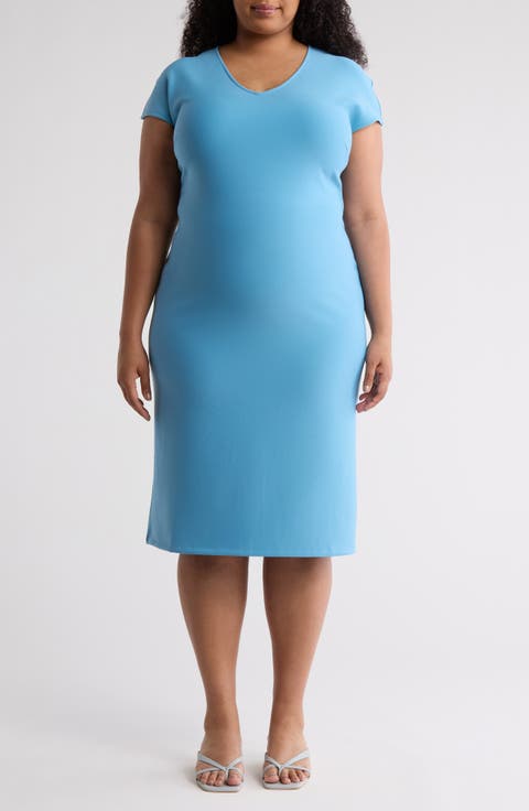 V-Neck Midi Shift Dress (Plus)