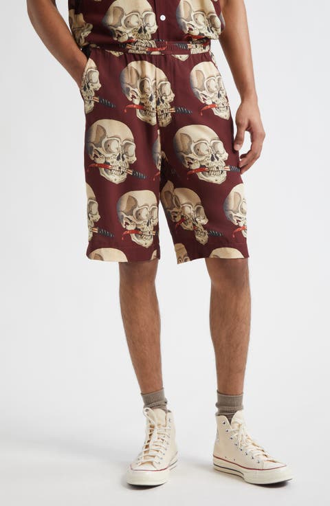 Skull Print Crepe Shorts