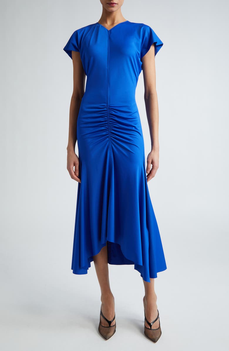 Victoria Beckham Asymmetric Hem Ruched Jersey Midi Dress, Main, color, 