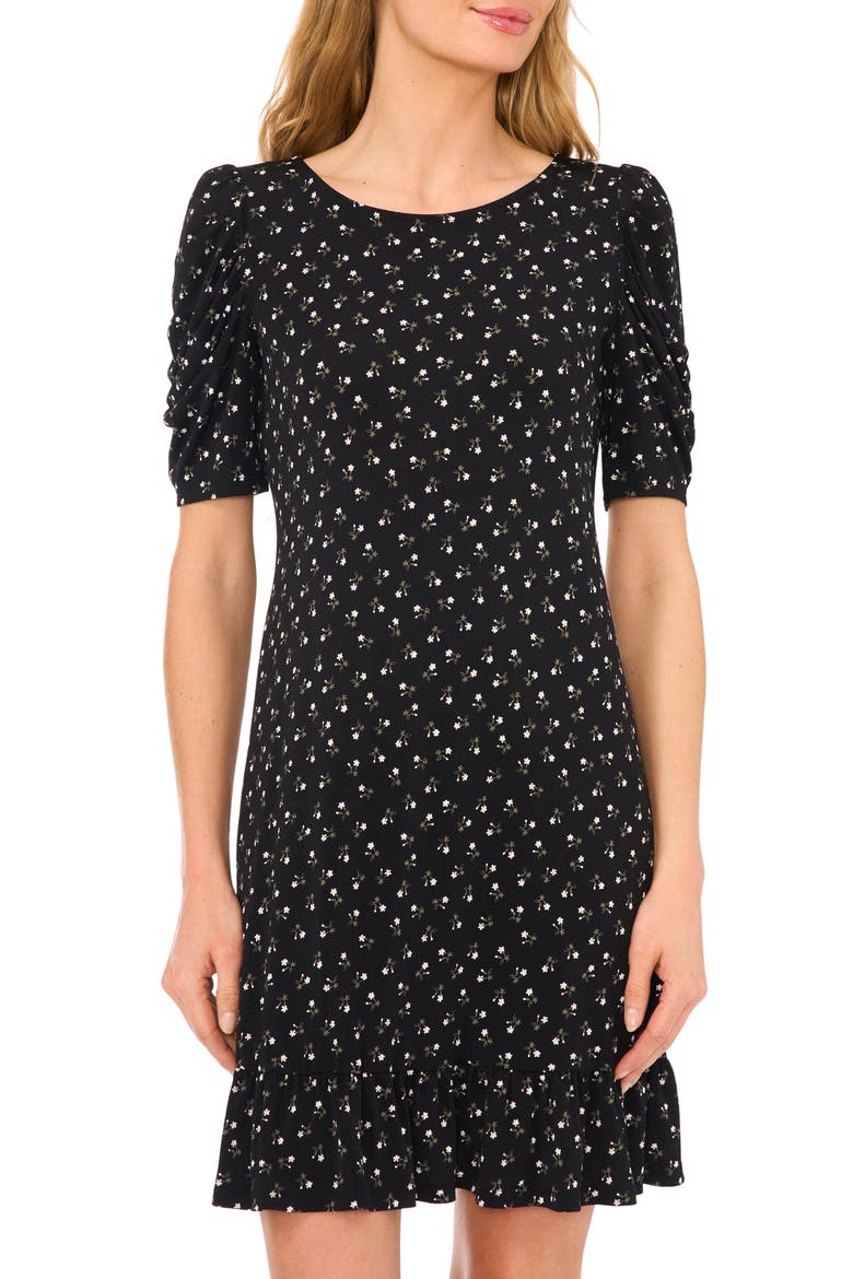 Floral Ruched Sleeve Dress, Alternate, color, RICH BLACK