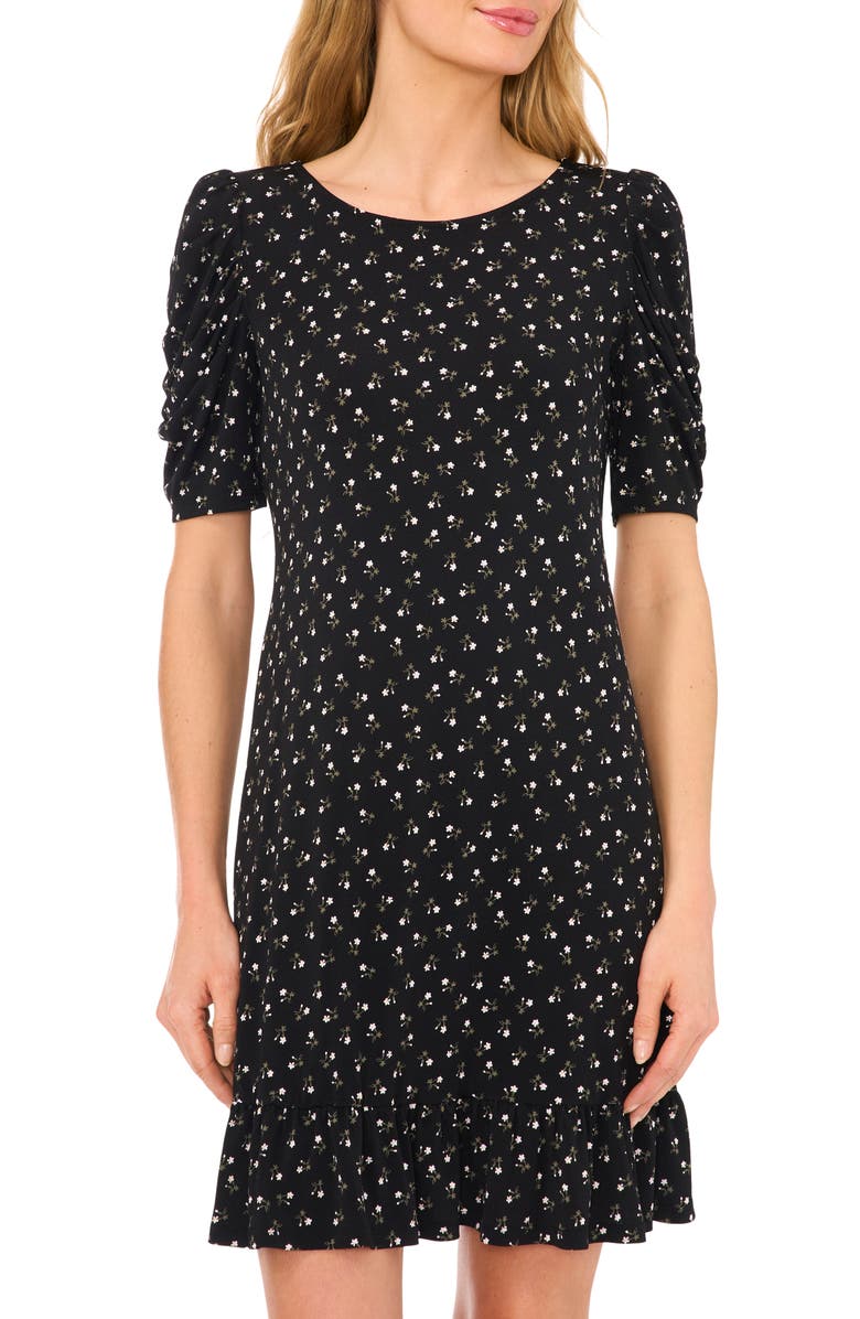 CeCe Floral Ruched Sleeve Dress, Alternate, color, Rich Black