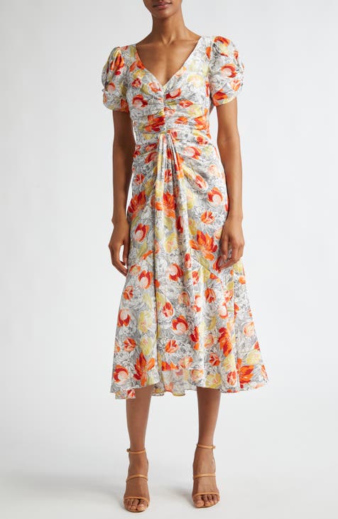 Floral Center Ruched Button Front Dress