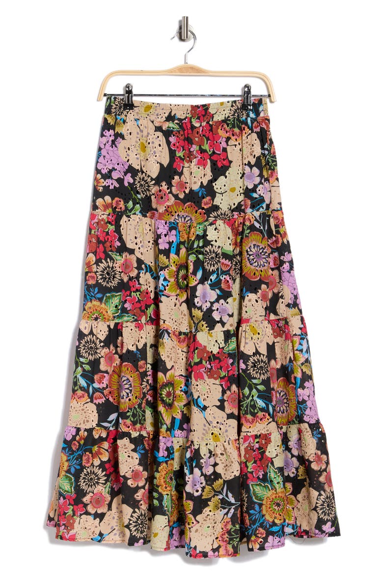 Floral Eyelet Maxi Skirt, Alternate, color, BLACK MULTI FLORAL