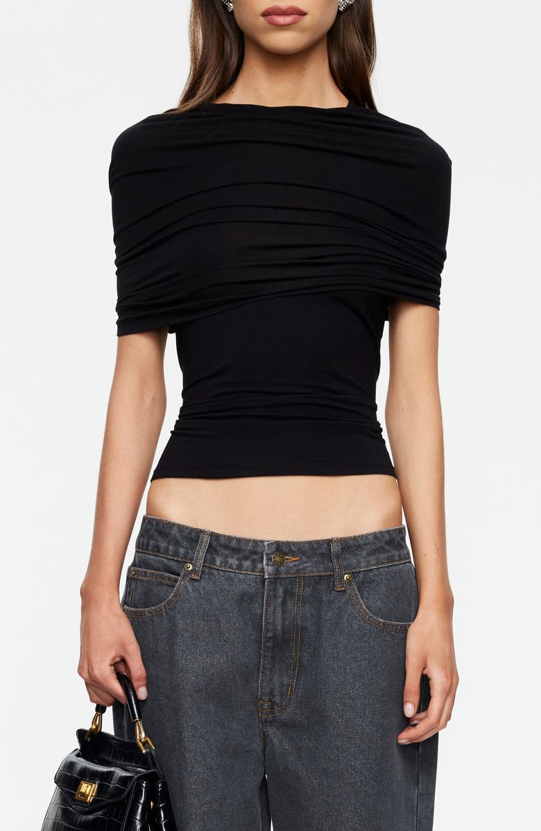 LIONESS Bella Vita Ruched Foldover Mock Neck Crop Top, Main, color, Noir