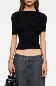 LIONESS Bella Vita Ruched Foldover Mock Neck Crop Top