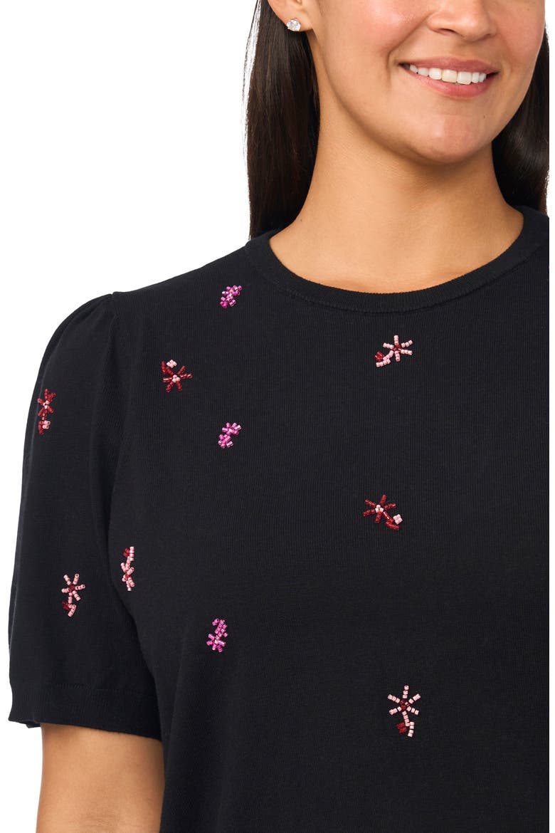 Puff Sleeve Beaded Cotton Sweater, Alternate, color, RICH BLACK