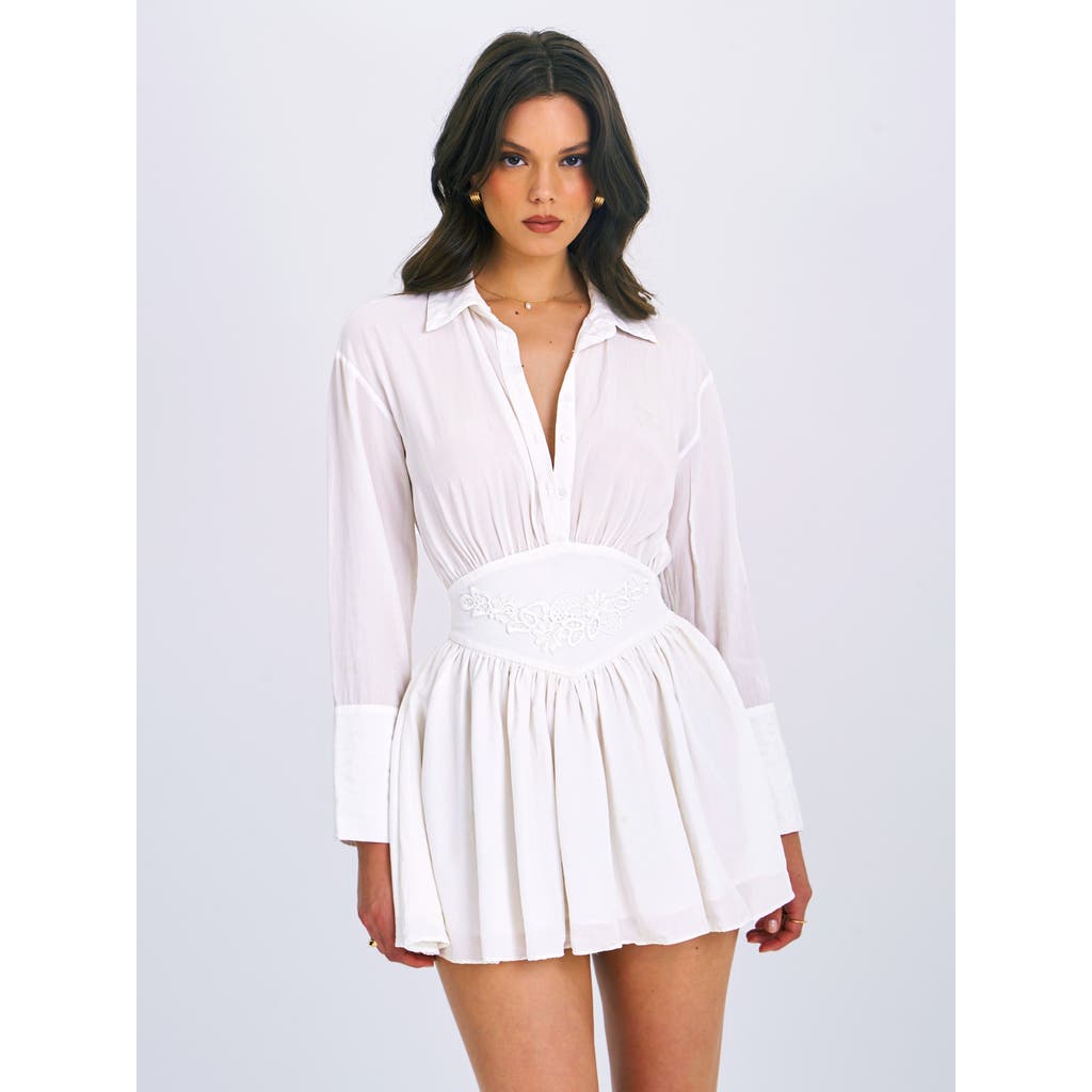 Miss Circle Gabriella Cotton Eyelet Button Up Long Sleeve Shirt Dress In White