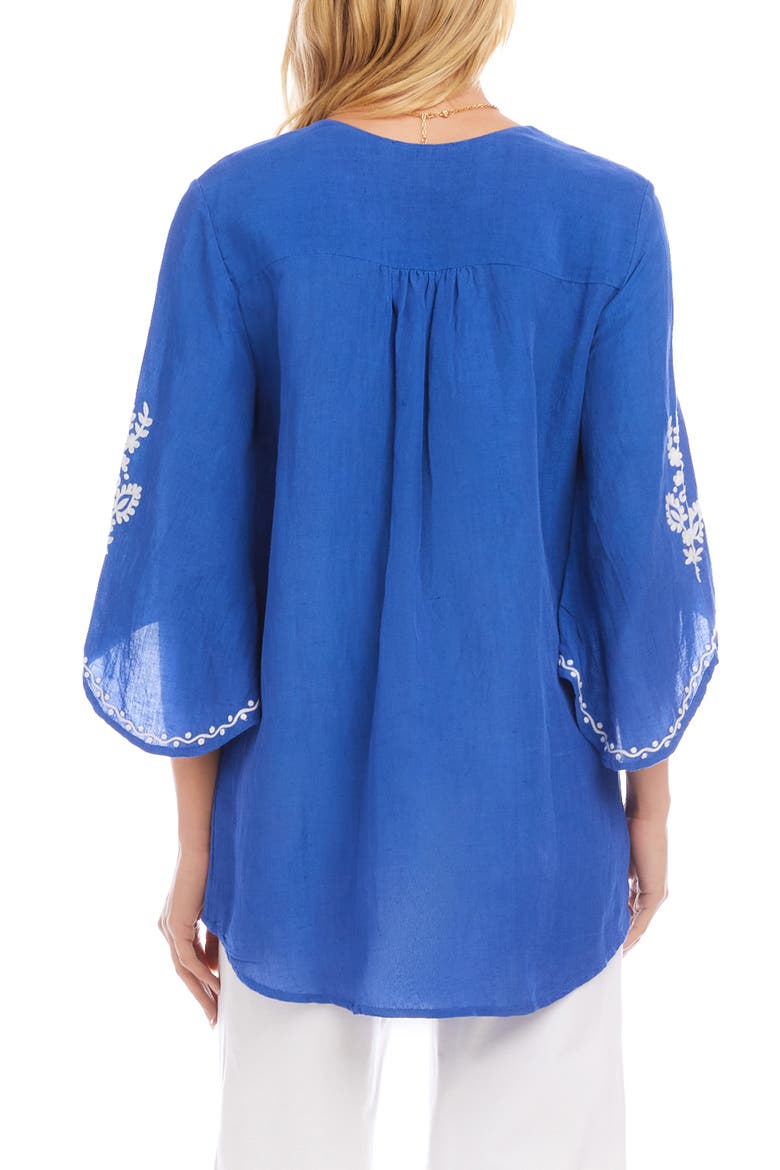 Embroidered Asymmetric Hem Linen Blend Top, Alternate, color, BLUE