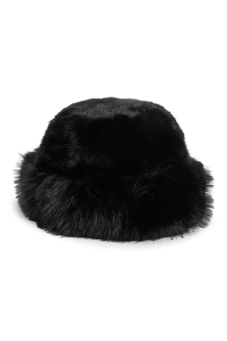 Faux Fur Cuff Bucket Hat, Main, color, BLACK