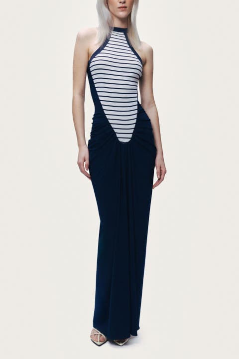 Stripe Draped Halter Neck Maxi Dress