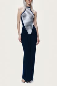 Nocturne Stripe Draped Halter Neck Maxi Dress