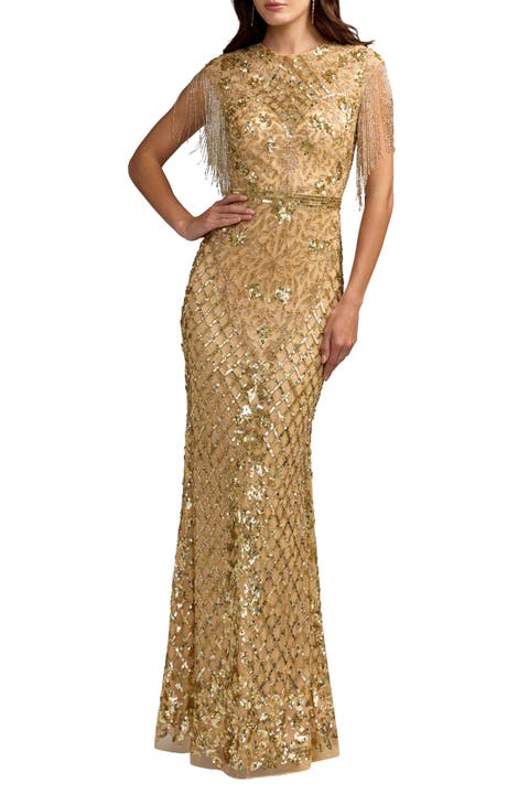High Neck Sleeveless Beaded Fringe Fitted Gown