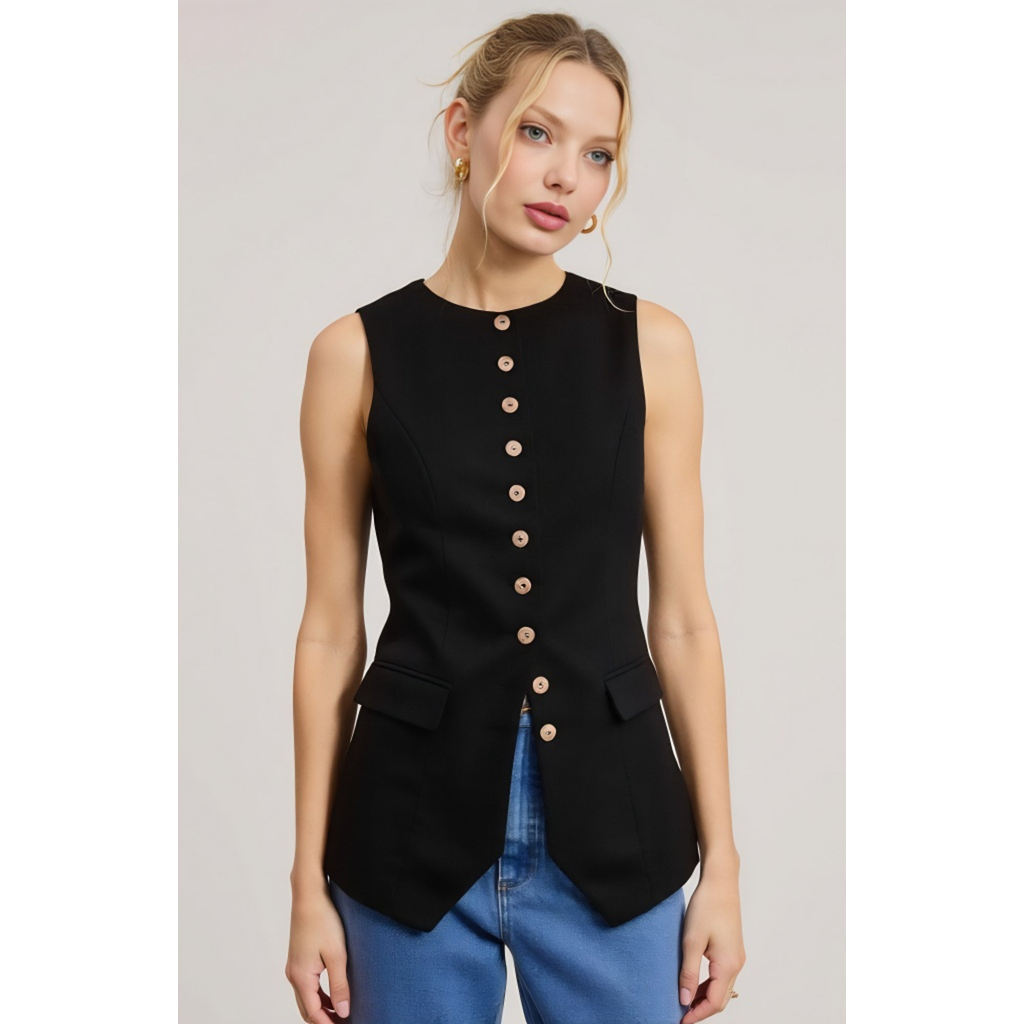 Modenaire Longline Sleeveless Button Vest With Flap Pockets And Tailored Hem In Black