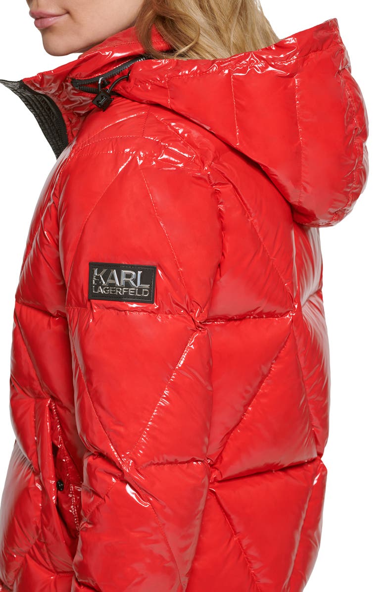 KARL LAGERFELD PARIS Water Resistant Down & Feather Fill Short Hooded Puffer Coat, Alternate, color, Scarlet