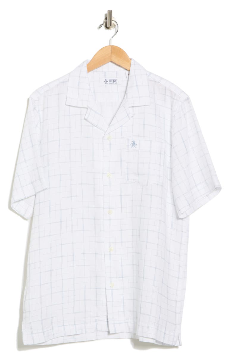 Original Penguin Windowpane Print Button-Up Camp Shirt, Alternate, color, Bright White