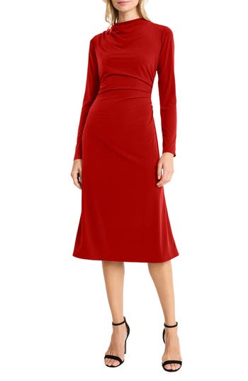 Maggy London High Neck Long Sleeve Sheath Midi Dress In Red