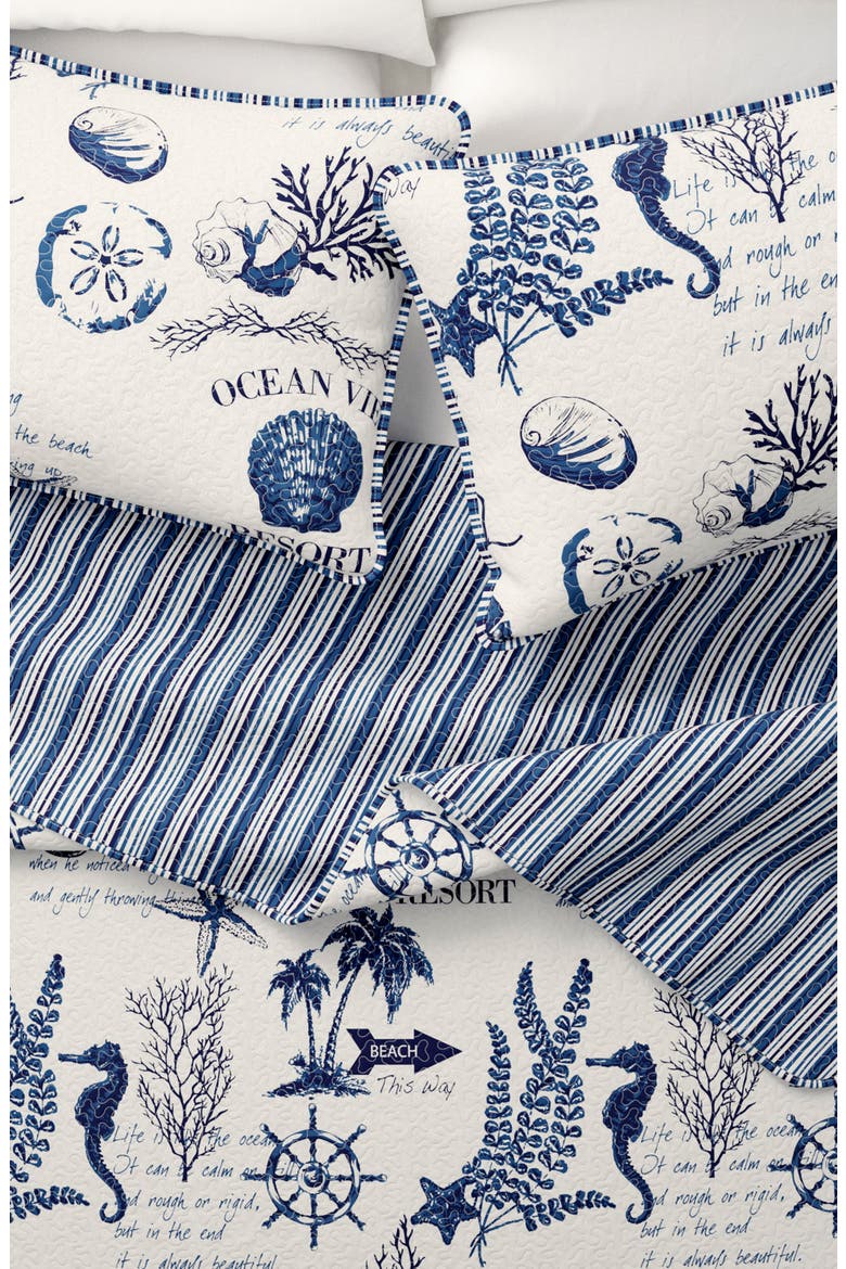 Nautical Print Reversible Microfiber Quilt Set, Alternate, color, NAVY