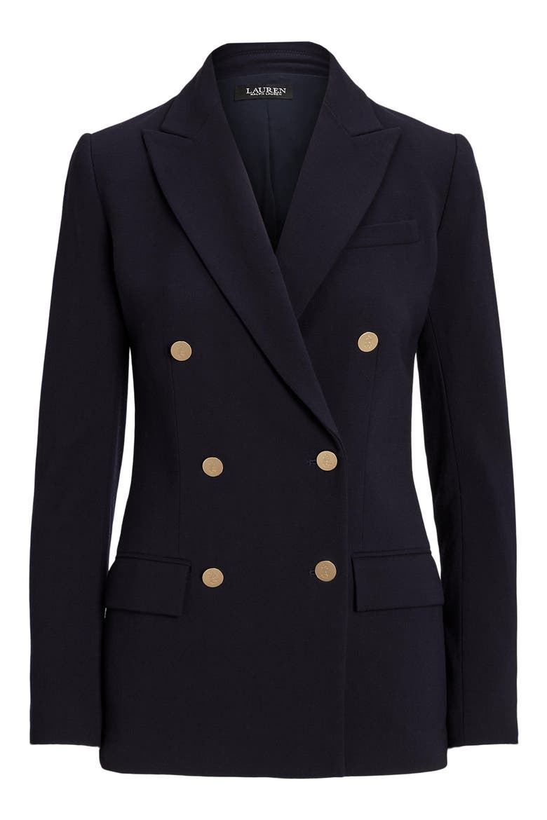 Double Breasted Stretch Wool Crepe Blazer, Alternate, color, LAUREN NAV
