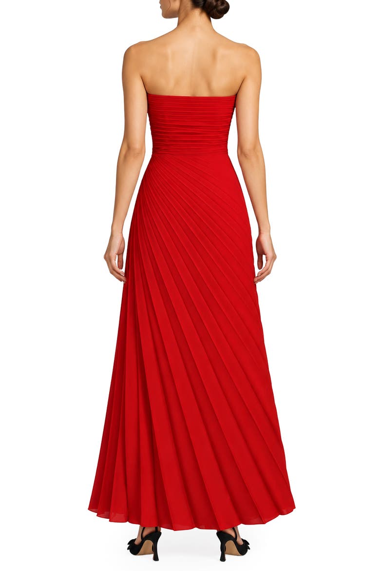 Pleated Satin Strapless Midi Dress, Alternate, color, TRUE RED