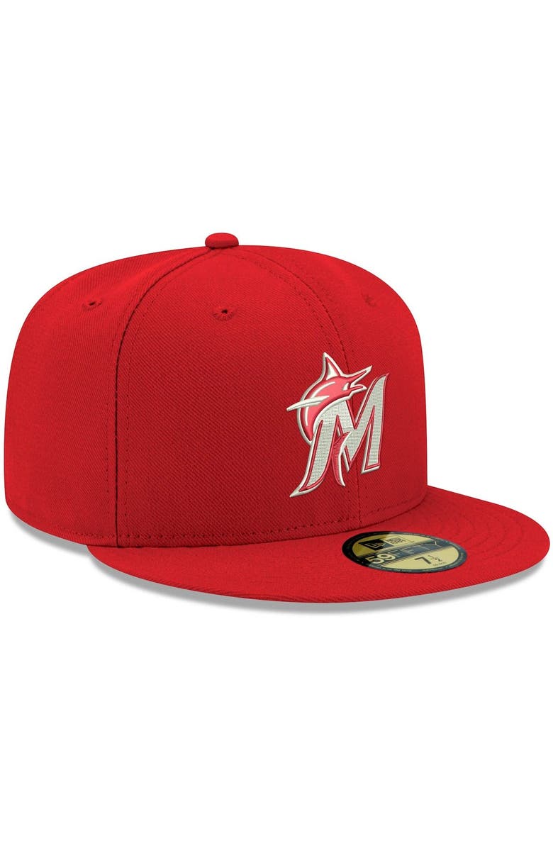 New Era Men's New Era Red Miami Marlins White Logo 59FIFTY Fitted Hat, Alternate, color, Red