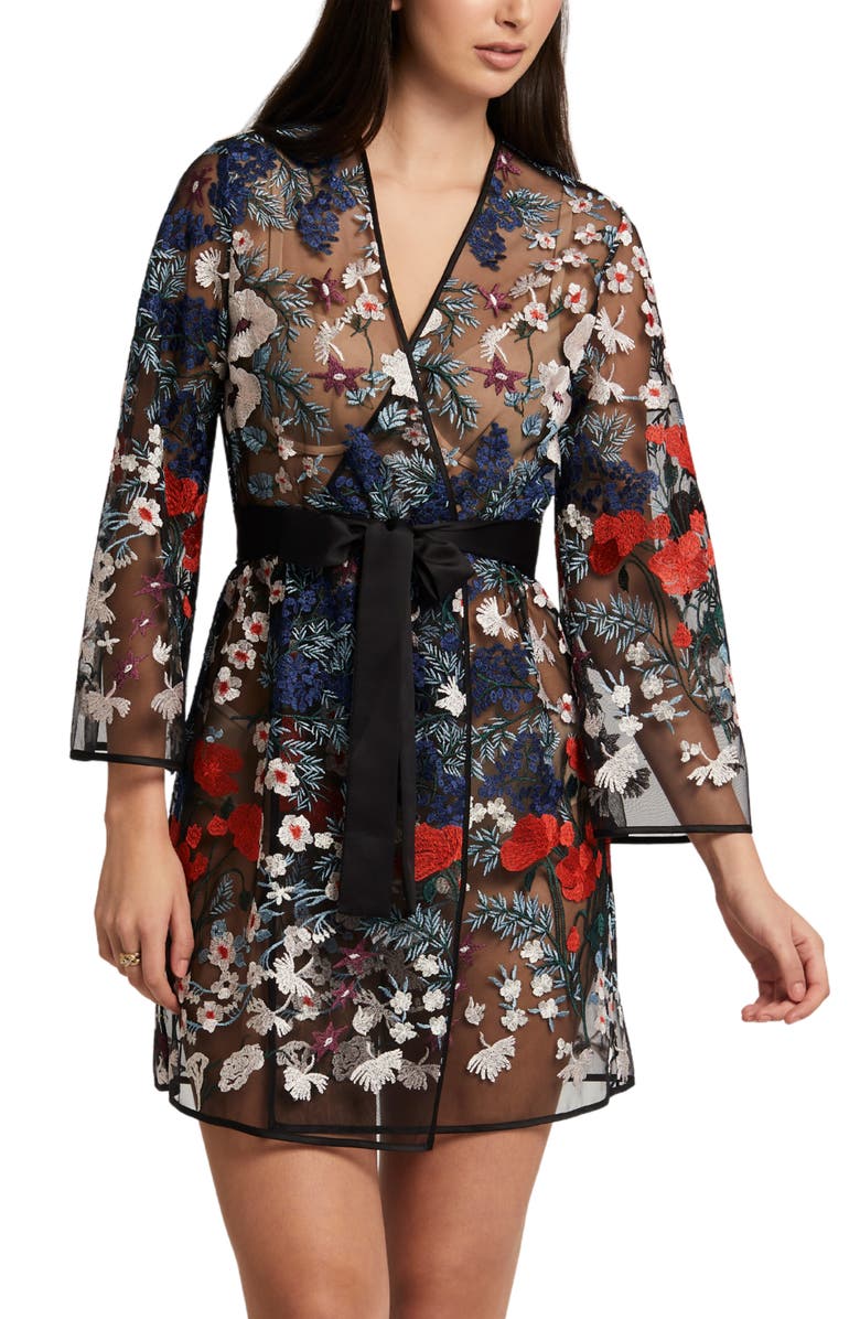Rya Collection Georgia Floral Embroidered Tie Waist Cover-Up Robe, Main, color, 