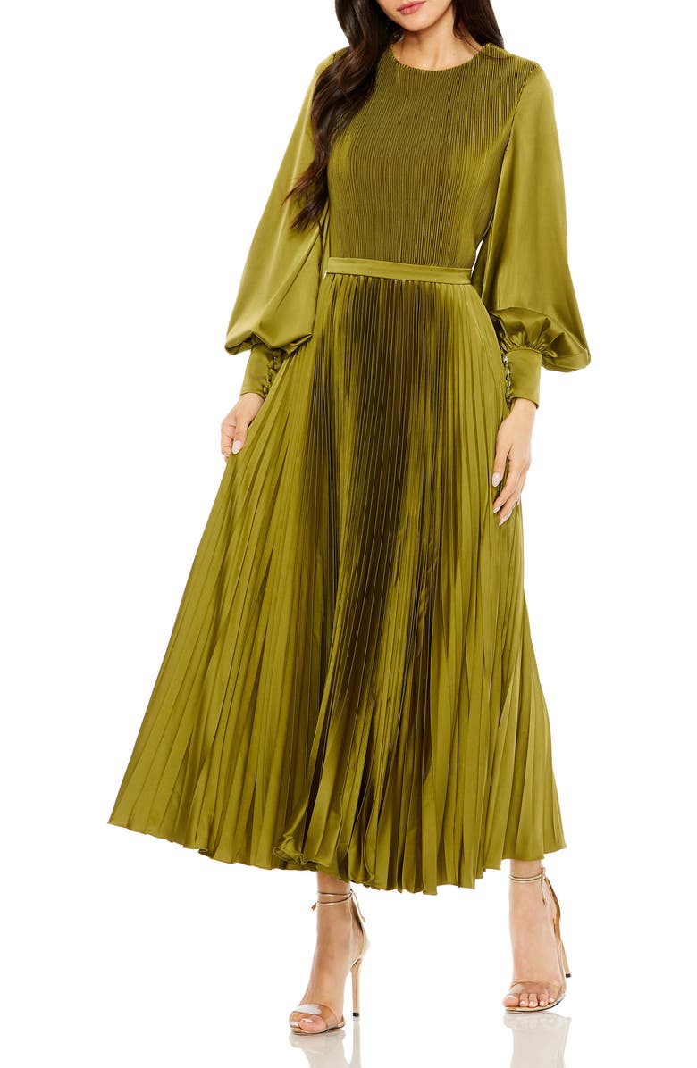 Mac Duggal Long Sleeve High Neck Heat Pleated Dress, Main, color, Olive