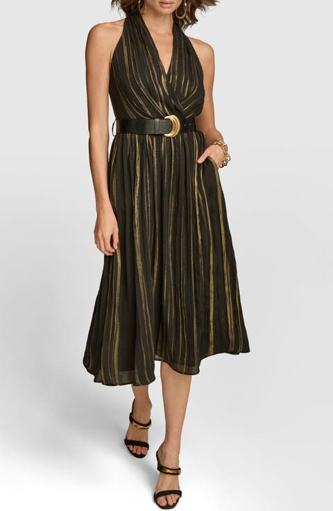 Metallic Belted Midi Dress
