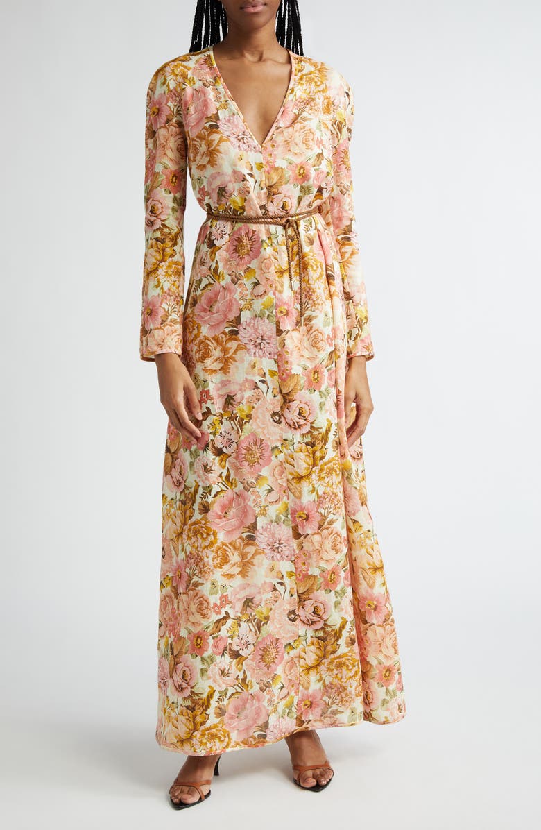 Zimmermann Golden Floral Print Long Sleeve Linen Maxi Dress, Main, color, 