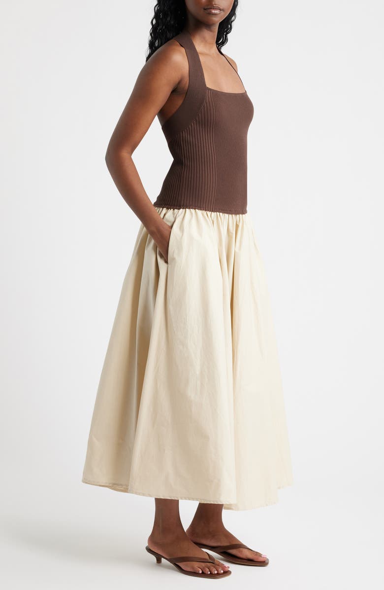 Lucy Paris Sevilla Mixed Media Halter Maxi Dress, Alternate, color, Brown Tan