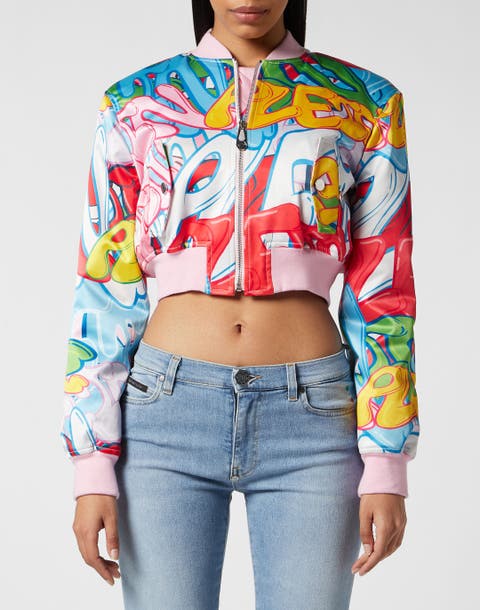 Satin Cropped Bomber Bombing Graffiti Women