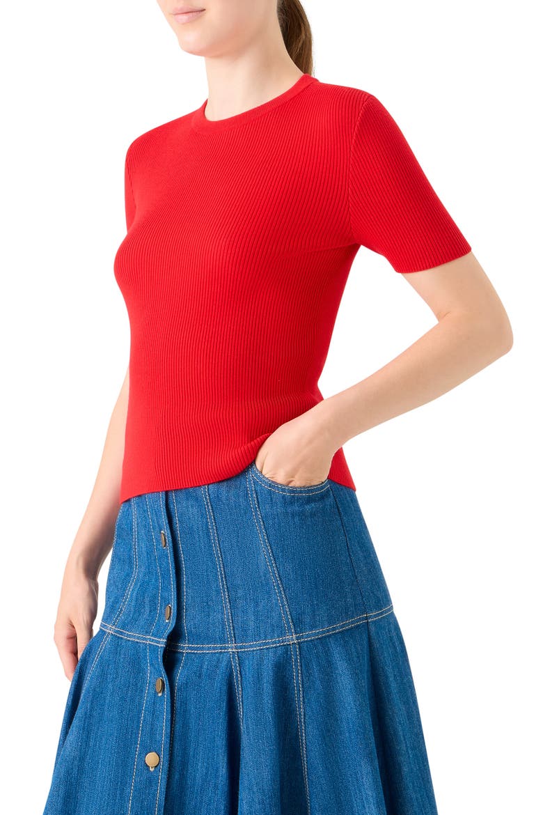 Back Cutout Short Sleeve Stretch Virgin Wool Rib Sweater, Alternate, color, BRIGHT RED