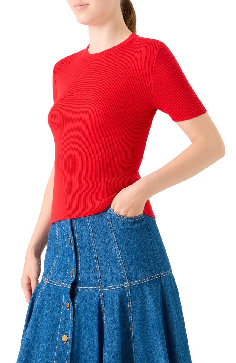 Akris punto Back Cutout Short Sleeve Stretch Virgin Wool Rib Sweater, Alternate, color, Bright Red