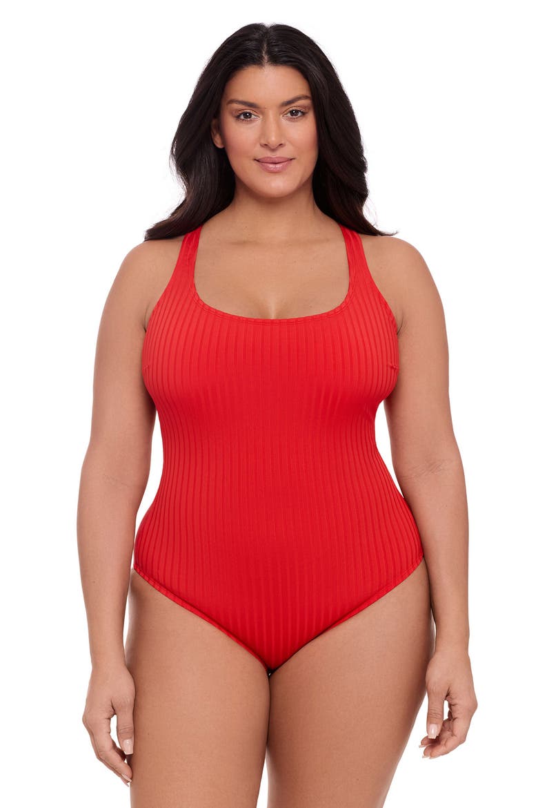 Smoothing and Sculpting Ribbed Scoopneck Crossback One-Piece Swimsuit, Main, color, Scarlet