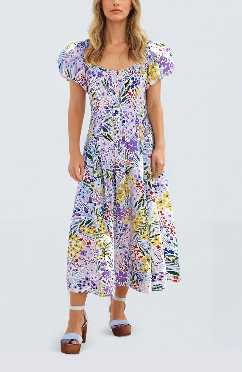 Jessie Zhao New York Purple Garden Scoop Neck Cotton Midi Dress, Main, color, Purple