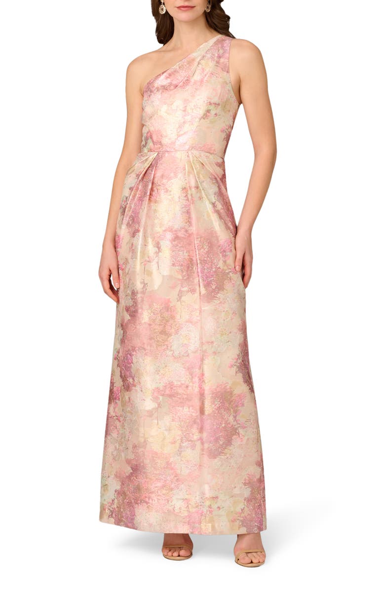 Aidan Mattox Print Jacquard One-Shoulder Gown, Main, color, 