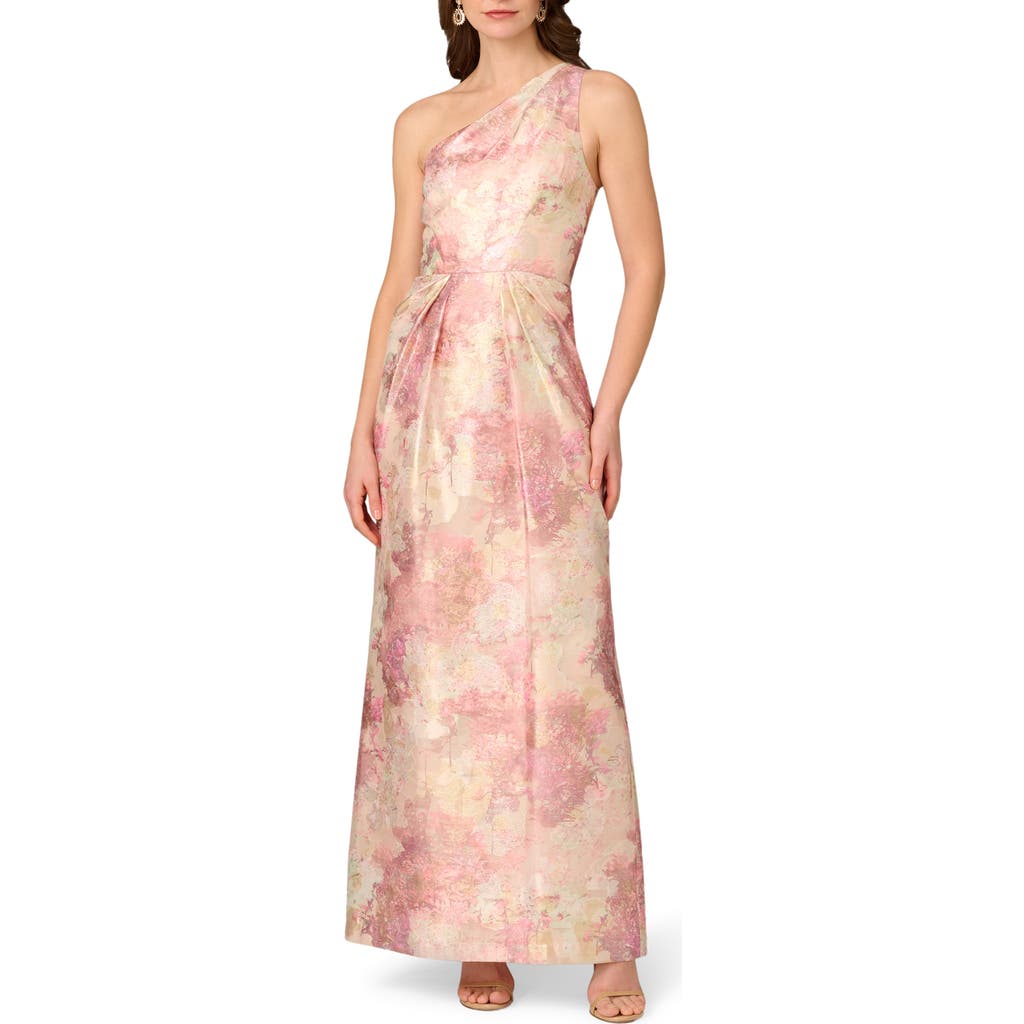 Aidan Mattox Pleated One-shoulder Metallic Jacquard Gown