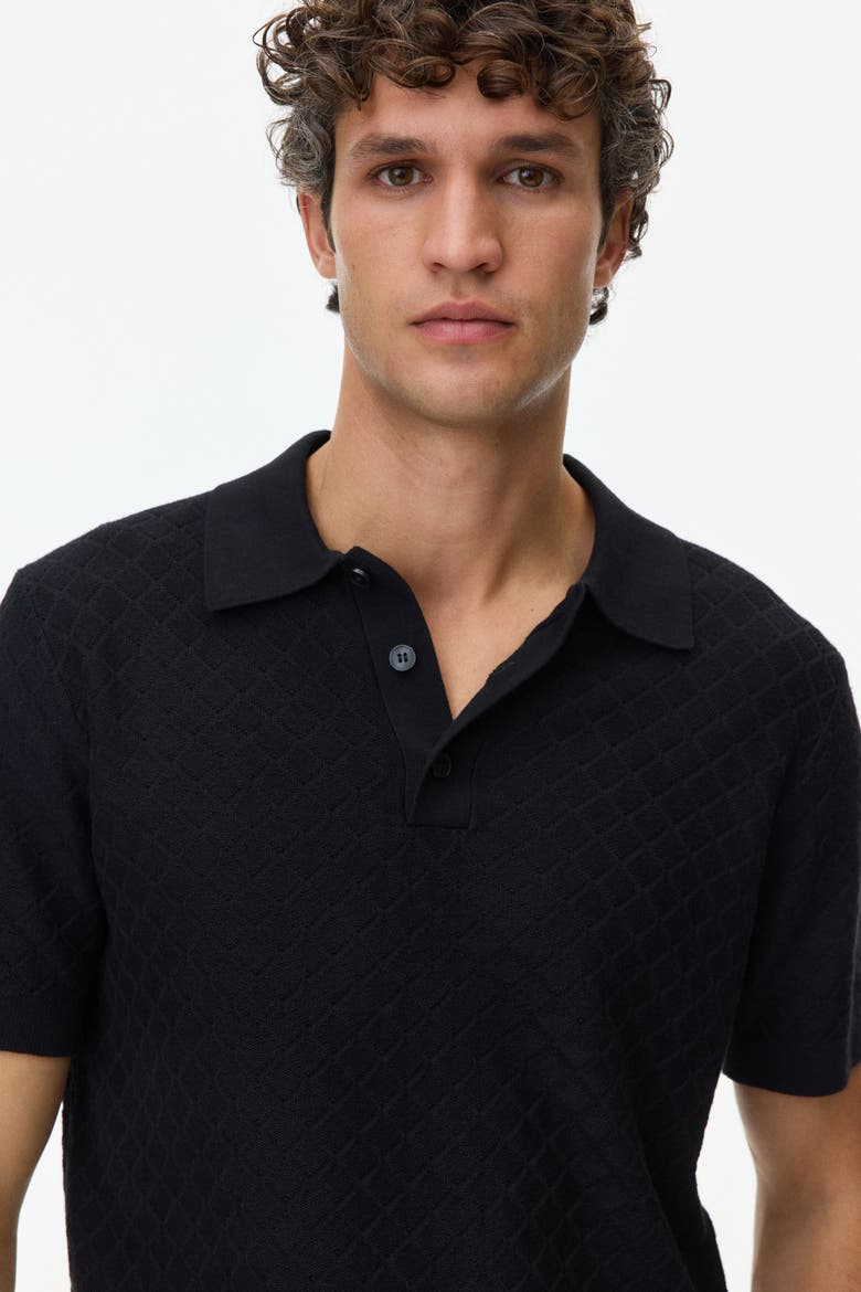 Slim-fit Textured-knit Polo Shirt, Alternate, color, Black