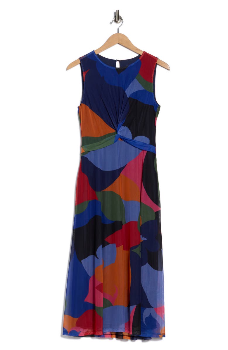 Vince Camuto Sleeveless Twist Front Mesh A-Line Midi Dress, Alternate, color, Blue Multi