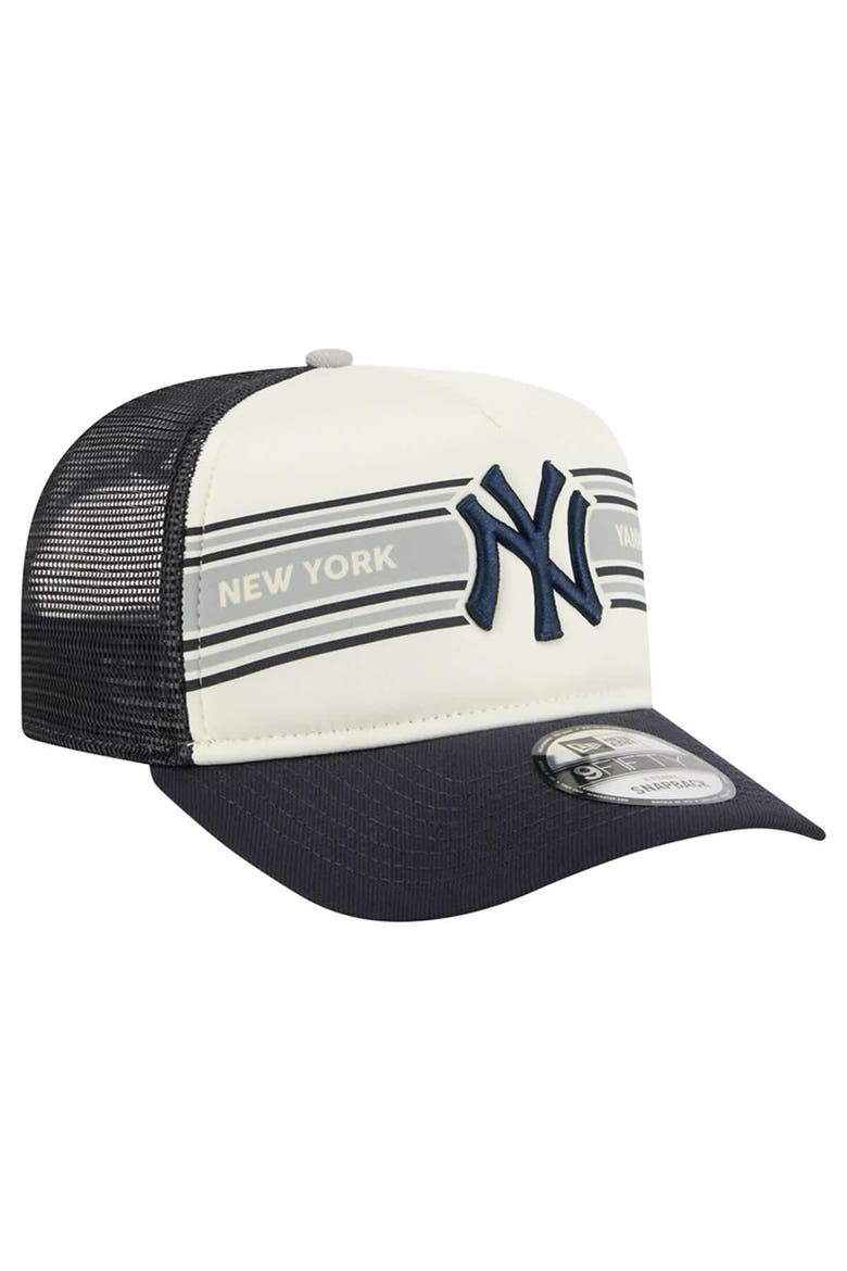 Men's New Era Cream/Navy New York Yankees Banner A-Frame 9FIFTY Trucker Snapback Hat, Alternate, color, Cream